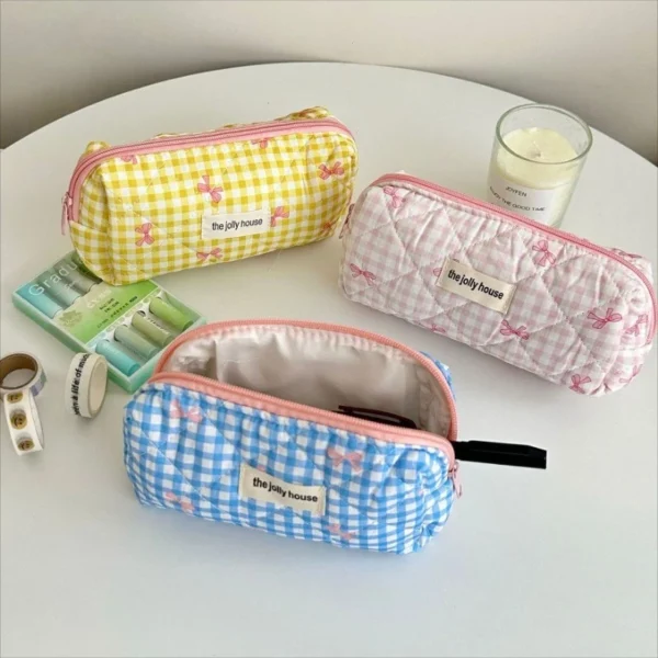 Korean Style Checkered Bow Pencil Case